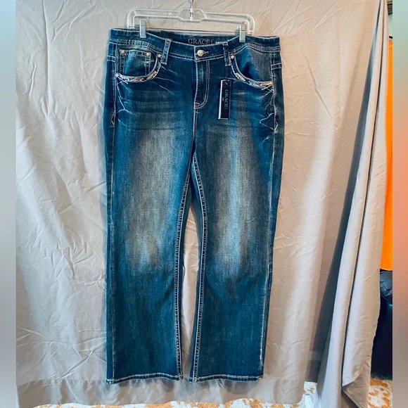 Grace in LA Dark Blue Boot Cut Jeans with Faded Wash - Picture 1 of 9